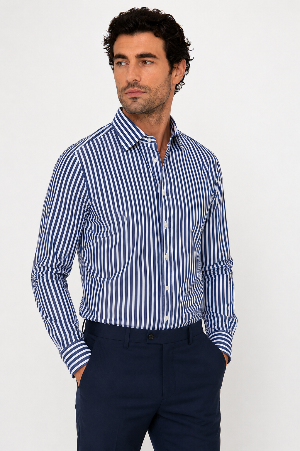 CAMICIA Cotone Rigo Largo Collo Classico Regular Fit