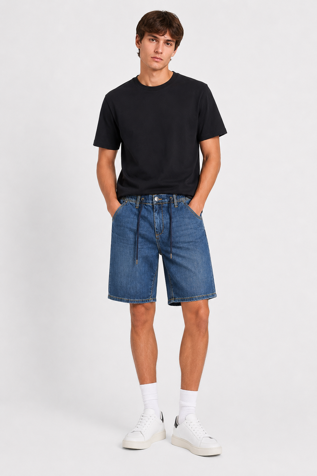 Bermuda Jeans Tasca America con Coulisse Slim Fit Lavaggio Medio